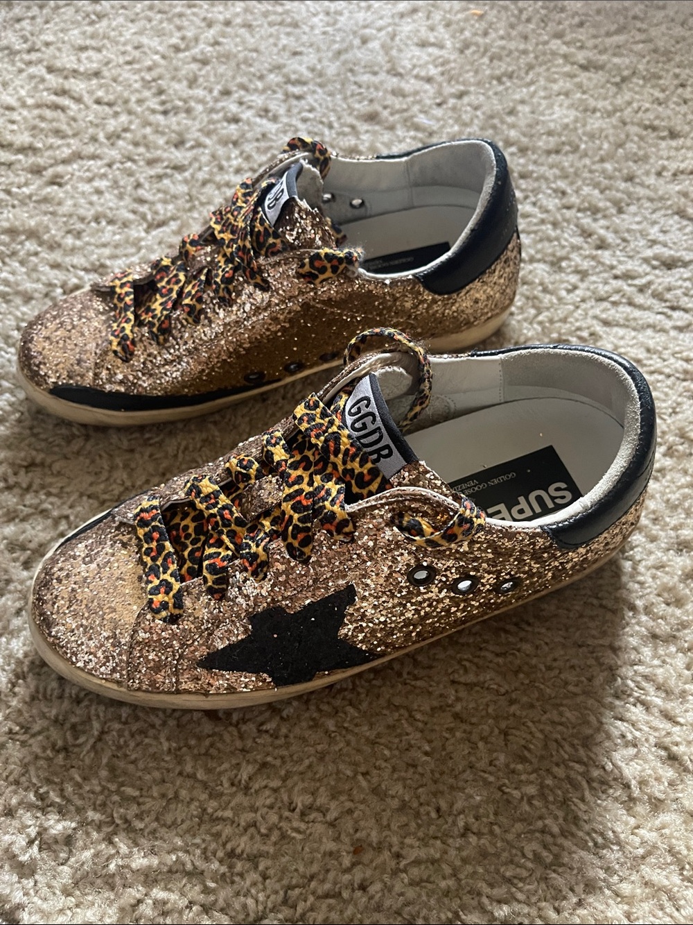 GoldenGoose Superstars Glitter Leopard Lace-Up Sneakers - Gold Leopard
